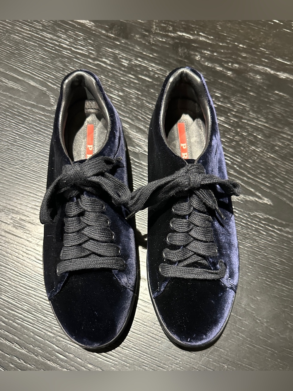 Prada Navy Blue Velvet sneakers with Red Logo. Like new. Size 36.